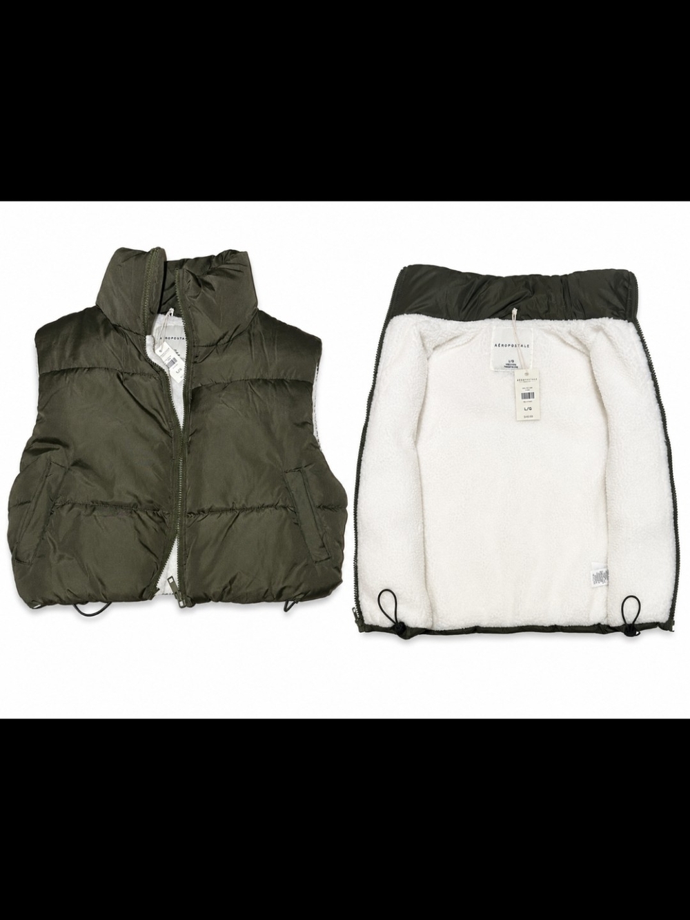Aeropostale Olive Green Puffer Vest with White Sherpa